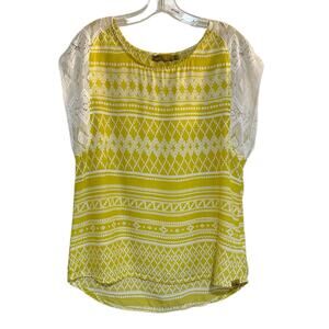 Prana Women’s Medium Yellow Boho Lace Sleeve Geometric Print Top